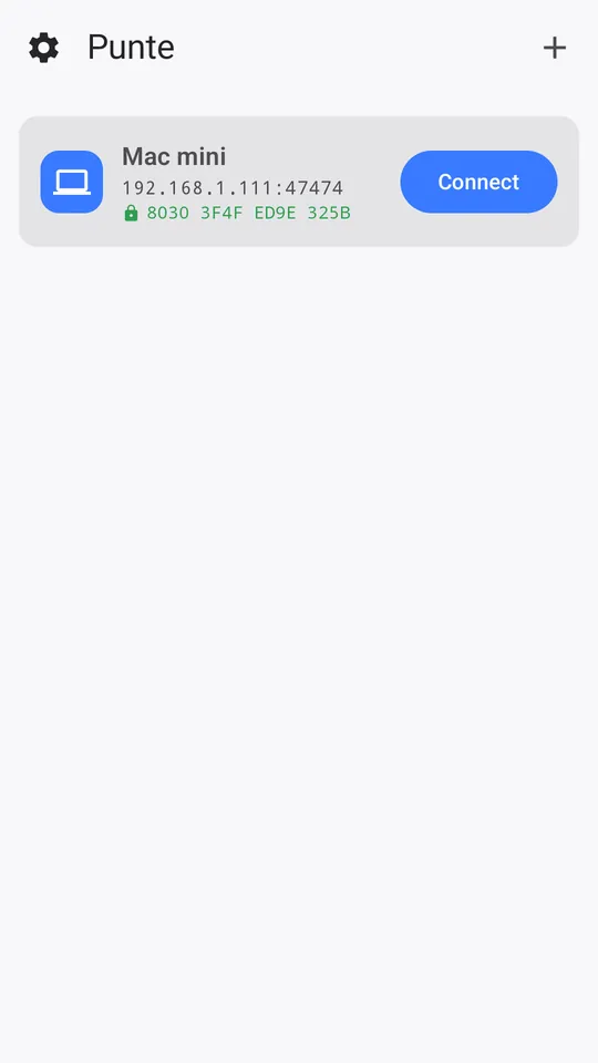 Punte's list of saved Macs on Android, with a Connect button