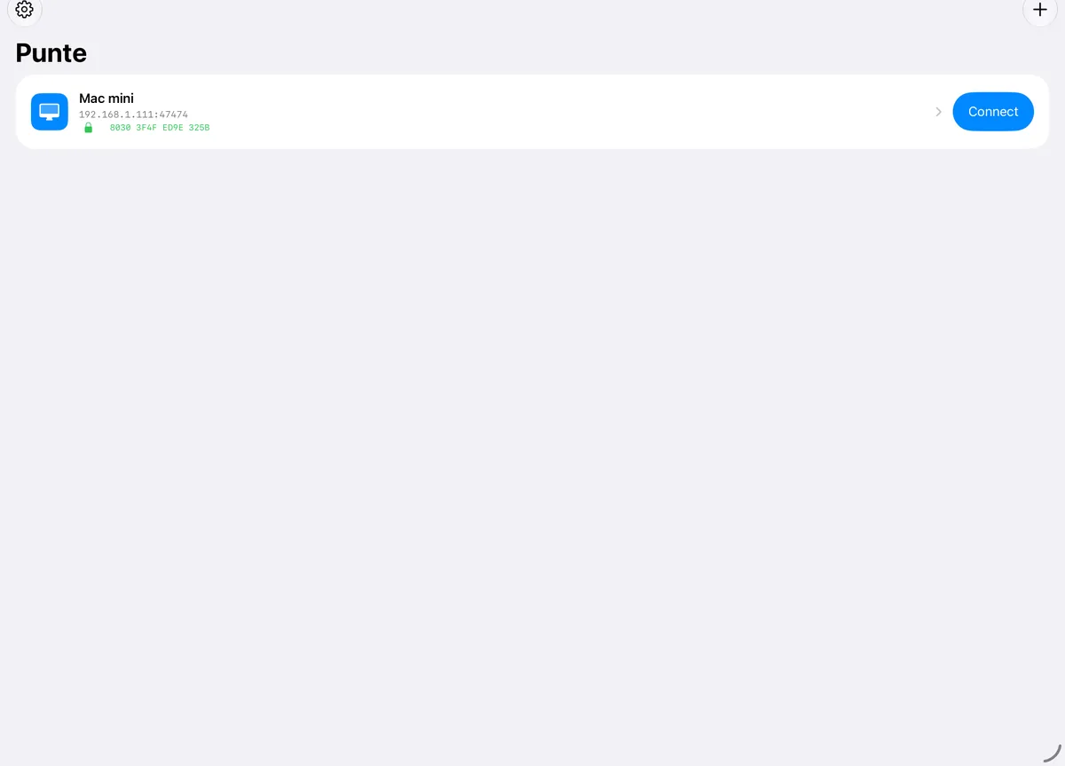 Punte's list of saved Macs on iPad, with a Connect button