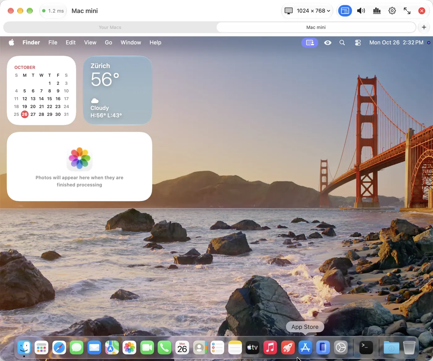 Punte for Mac showing another Mac in a window tab, with the connection bar at the top